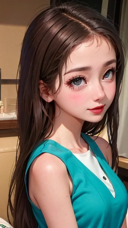 blush a little and smile, (Top quality masterpiece:1.2) Delicate illustrations, Very detailed, /Beautiful Japanese Women、1 person,Very cute and slim、Great style 、((8K images、super high quality))、Very delicate face, Skin and Hair、beautifule forehead、Red lipstick、(((((Long Hair、Light brown hair、lure))))),Very cute Japanese cut face、Eyes and nose are clearly visible、Kind eyes,((((Sleeveless fashion))))