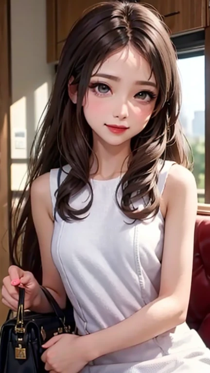 blush a little and smile, (Top quality masterpiece:1.2) Delicate illustrations, Very detailed, /Beautiful Japanese Women、1 person,Very cute and slim、Great style 、((8K images、super high quality))、Very delicate face, Skin and Hair、beautifule forehead、Red lipstick、(((((Long Hair、Light brown hair、lure))))),Very cute Japanese cut face、Eyes and nose are clearly visible、Kind eyes,((((Sleeveless fashion))))