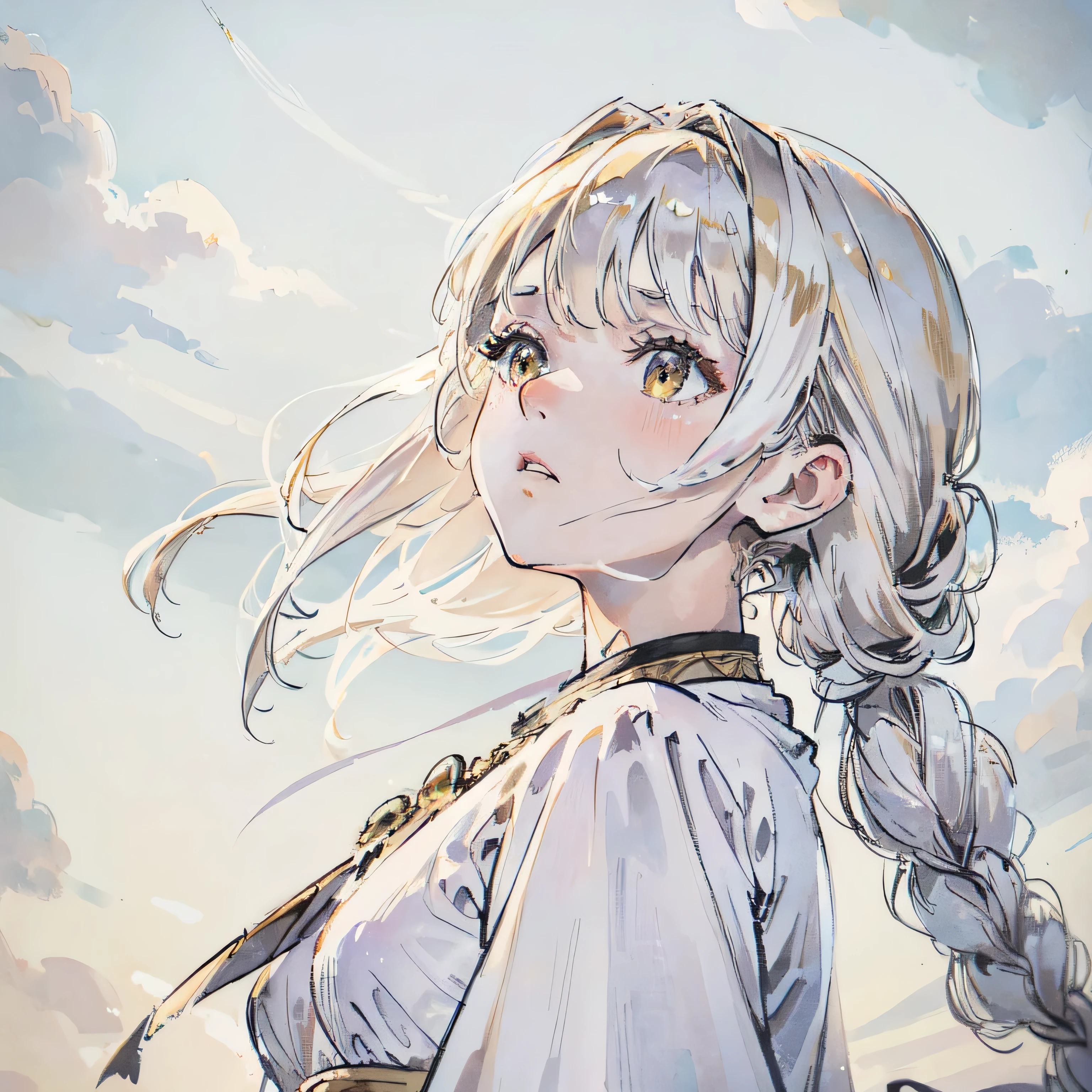 A beautiful young woman with white hair, gold eyes, and fair skin, wearing a white dress, looking up with a serene expression, her hair in side braids, a single strand of hair falling across her face, masterpiece, best quality, ultra-detailed, highly realistic, photorealistic, cinematic lighting, dramatic composition