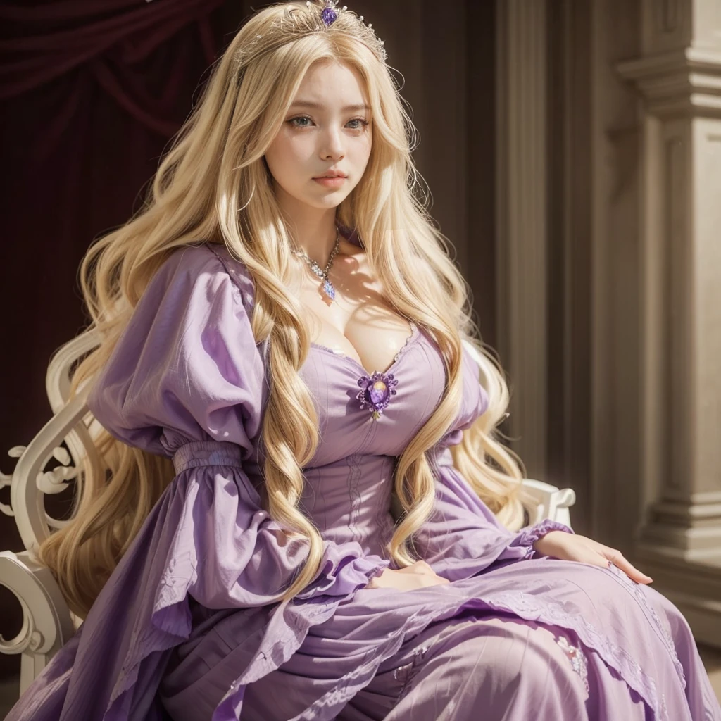 A close-up of a large-breasted woman in a purple plunging dress sitting on a chair, princess with very long blonde hair, ((a beautiful fantasy empress)), a beautiful fantasy empress, lovely languid princess, princess portrait, anime princess, Amethyst Princess, beautiful character painting, beautiful female princess, beautiful fantasy maiden, Magali Villeneuve&#39;, beautiful and elegant elf queen, beautiful fantasy art