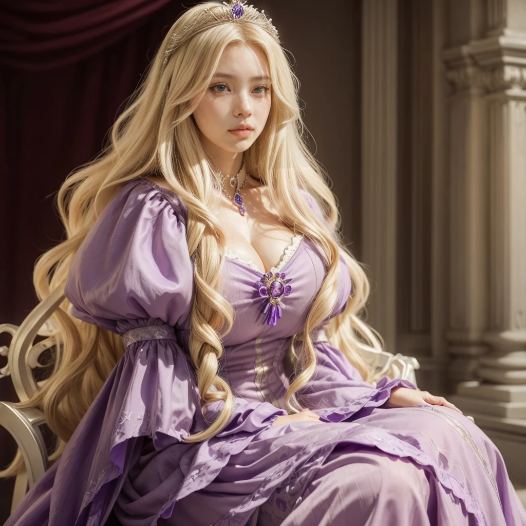 A close-up of a large-breasted woman in a purple plunging dress sitting on a chair, princess with very long blonde hair, ((a beautiful fantasy empress)), a beautiful fantasy empress, lovely languid princess, princess portrait, anime princess, Amethyst Princess, beautiful character painting, beautiful female princess, beautiful fantasy maiden, Magali Villeneuve&#39;, beautiful and elegant elf queen, beautiful fantasy art