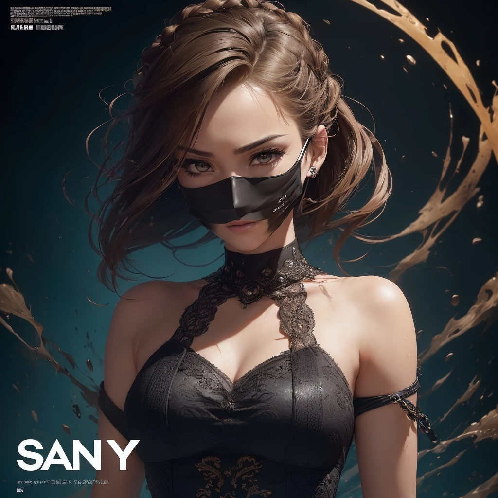 ((((dramatic))), (((sandy))), (((intense))) film poster featuring a young Women as the central character. She stands safely in the center of the poster, wearing a elegant and edgy Attire, with a determined expression on her face. The bottom is dark and sandy, with a feeling of danger and intensity. The Text is bold and draw attention, with a catchy tagline that adds to the overall feeling of drama and excitement. The color palette is mainly dark with splashes of Vibrant colors, giving the poster a dynamic and visually surprising appearance,Tachi-e
(magazine:1.3), (cover-style:1.3), fashionable, Women, Vibrant, Attire, posing, forehead, showy, dynamic, bottom, elements, safe, expression, tenure, declaration, accessory, majestic, have a black mask,
tangled, Around, Tap, scene, Text, cover, bold, draw attention, Title, elegant, fountain, catchy, titular, larger, surprising, modern, trends, focus, fashion,