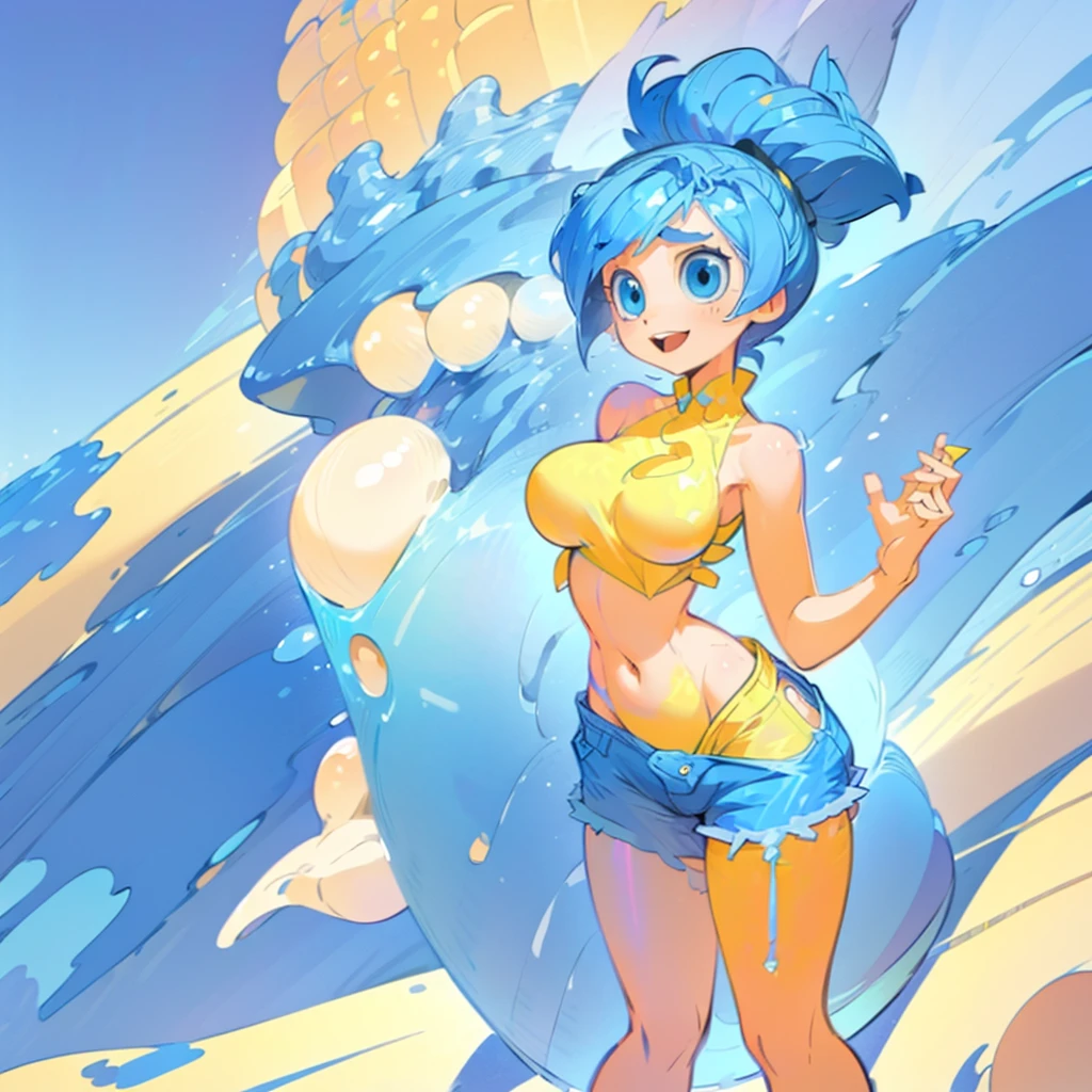 (masterpiece), ((perfect anatomy)), (high Res), (4k), joy, blue eyes, blue hair, yellow skin, huge breast, wide hips, (((blue top))), (((shorts))), (beach), happy, (((cartoony artstyle))), (((solo))), narrow waist