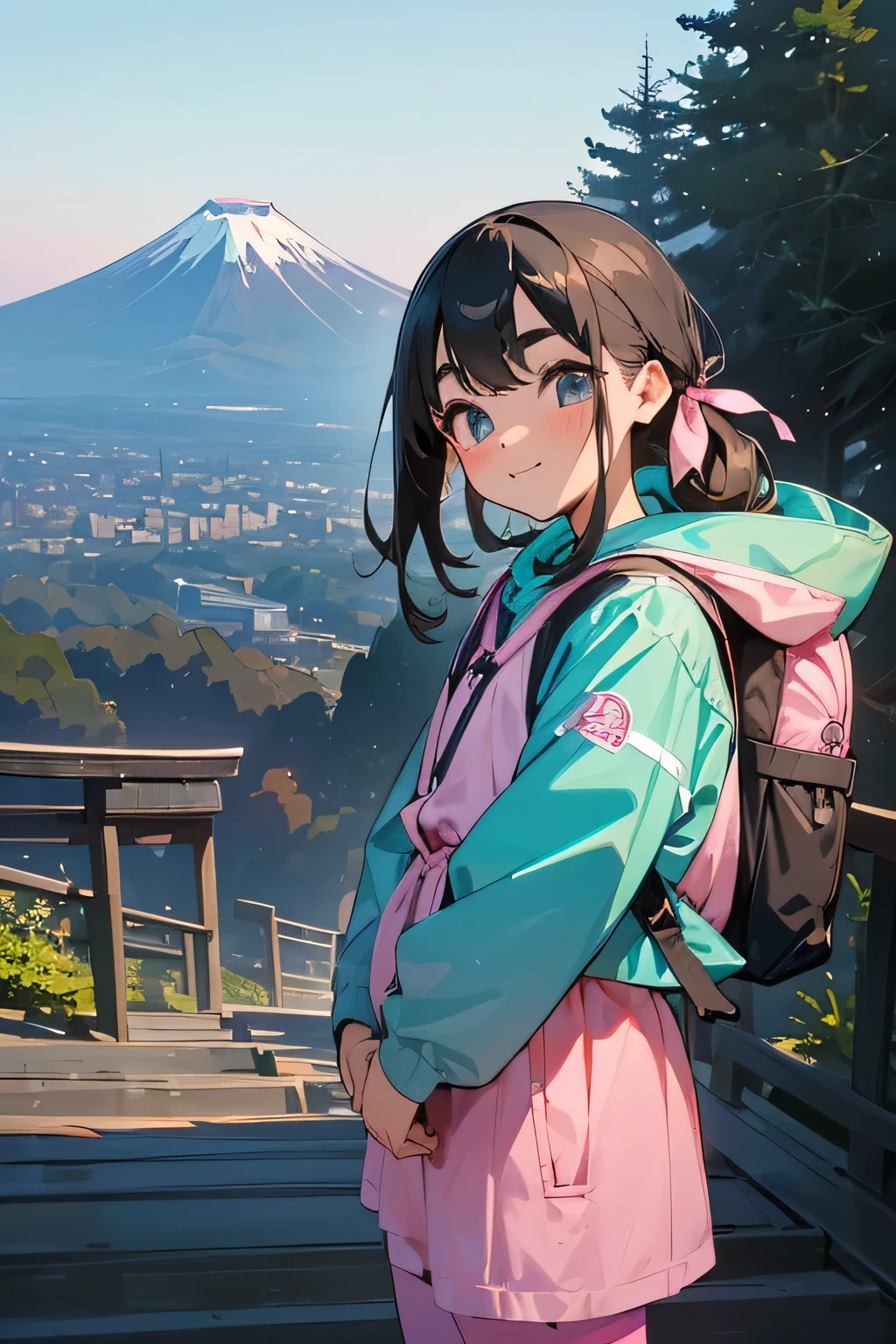 Highest quality、High resolution、Detailed Background、(Beautiful face in every detail:1.4)、Anatomically correct、(Detailed facial expressions)、Teenage beauty、(Highly detailed face:1.2)、well-groomed eyebrows、cute gesture、A big smile、smile、buzzer、Fuji Mountain、dawn、dawn、Asahi、Cowboy Shot、
(buzzerのFuji Mountainを背景に映る2People Girl:1.5)、
Fresh green and blue、We recommend soft colors such as pink.、
Comfortable shorts or leggings are recommended、
Knee-length or will give you a cute look with just the right amount of leg exposure.、
Pair it with a light hooded jacket or parka、
Colorful prints and logos、The playful design is the key、
Choose trekking shoes for mountain climbing that have both cushioning and anti-slip properties.、
They also come in pretty pink and pastel colors.、
Pair it with accessories such as a hair band or backpack for a cuter look.、A feminine and soft look、cute