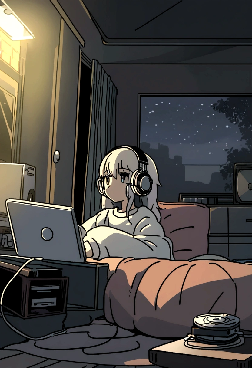 Jesus listening to music in a cozy room at night, Using headphones, 2D style anime, Lo-fi, hard disk, Dark environment