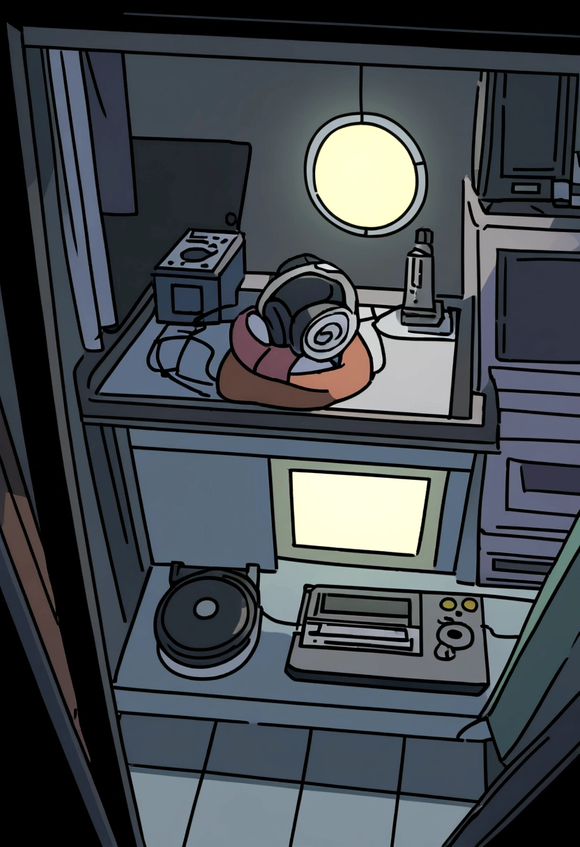 Jesus listening to music in a cozy room at night, Using headphones, 2D style anime, Lo-fi, hard disk, Dark environment