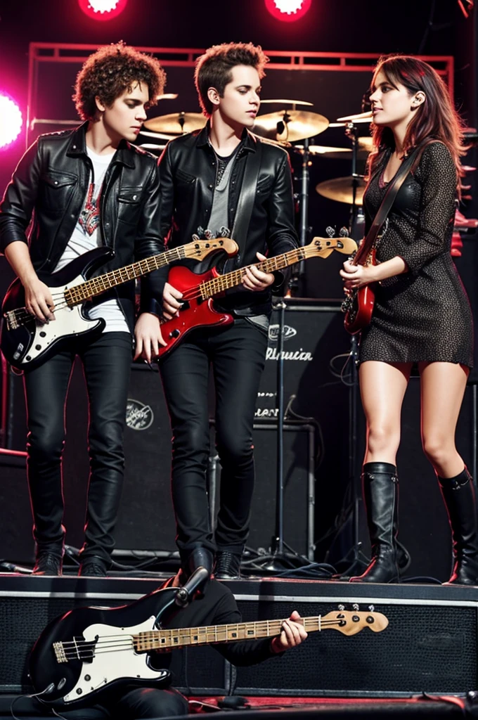 A rock band made up of 4 people, 3 boys and a girl who plays bass, giving a concert, music rise in pitch, for older, with provocative clothing