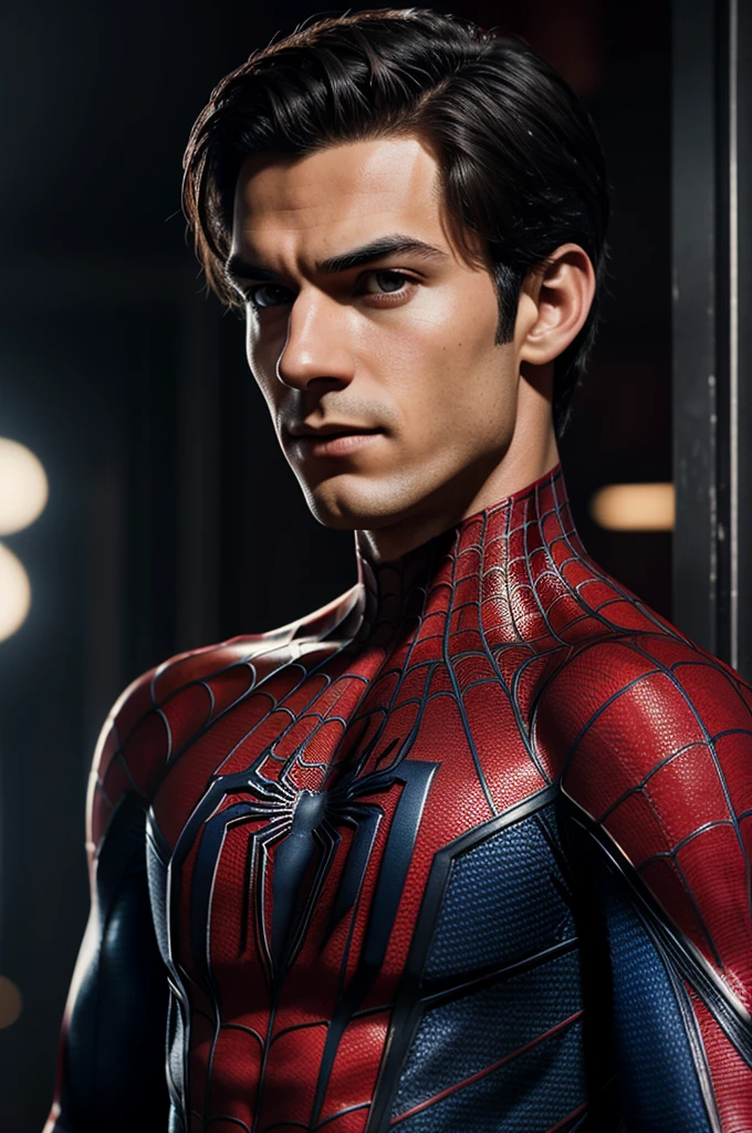 A photograph of Spider-Man., sin mascara, the 20s, elegant, detailed face, looking to the camera, portrait, 8k hd, high quality