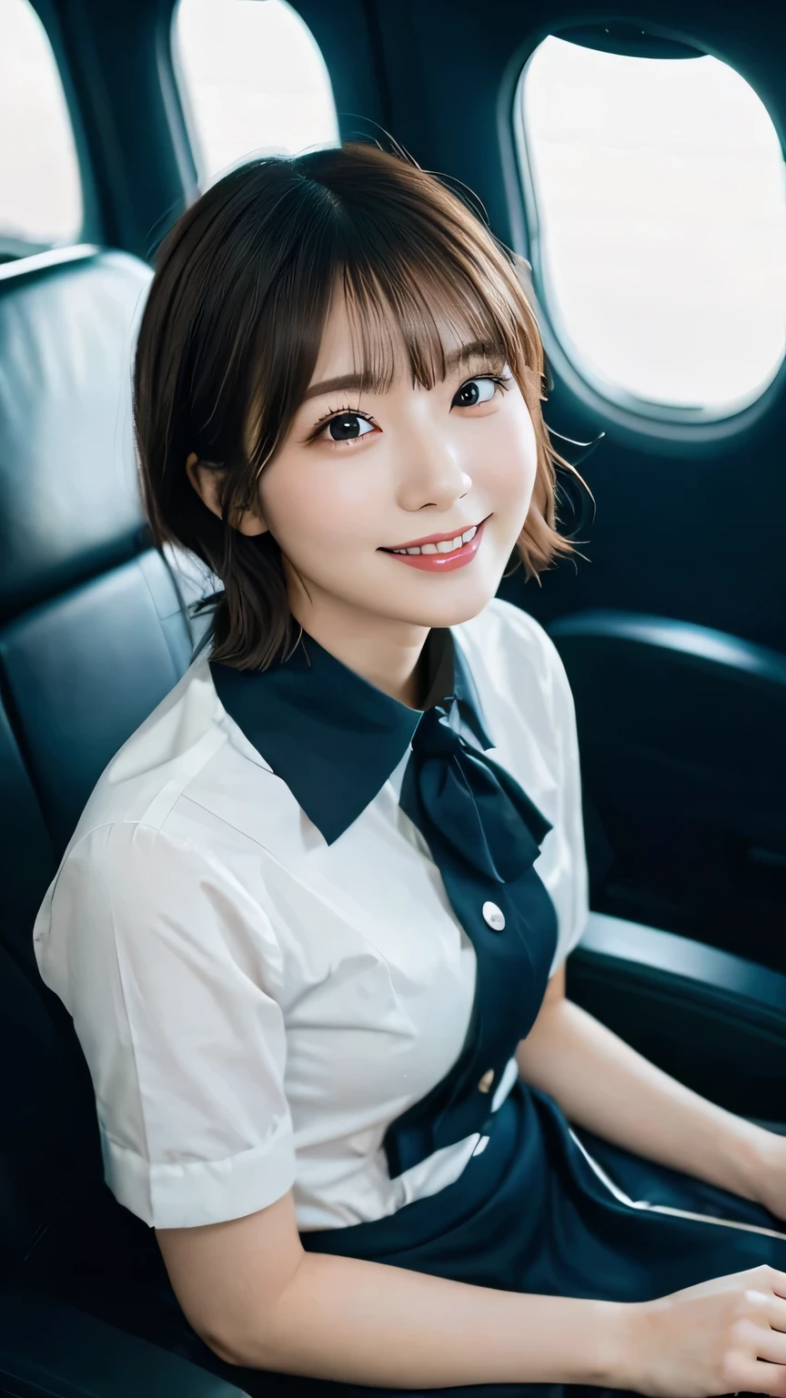 (Highest quality,masterpiece:1.3,Ultra-high resolution),(Very detailed,Caustics,8K),(Realistic:1.4,RAW shooting),Age 25,Japanese,cute,Stewardess Uniform,Black Short Hair,tights,Smiling and looking up at the camera,big ,Sit in your seat,Inside the plane,High position,High Angle,Natural light