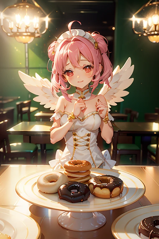 Angel Pastry Chef, Masterpiece, Hyper-realistic, Warm and inviting lighting, Whimsical atmosphere, Detailed pastry tools, Delicate pastries, High-quality, Full-body shot, Kneeling, (Anime-style: 1.2), (Chibi: 1.3), Pastel color scheme, Highly detailed

The angelic pastry chef stands before a table filled with an array of sweet treats. Her wings are gently tucked behind her as she skillfully decorates a stack of donuts with chocolate icing and sprinkles. The soft, warm lighting dances around her cherubic face, highlighting her delicate features and twinkling