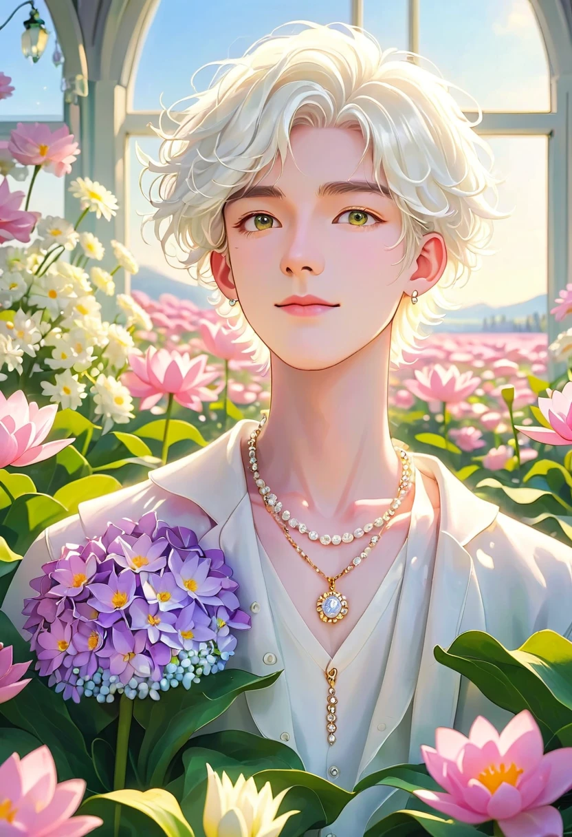 1boy,blurry,blurry foreground,bouquet,camellia,daisy,dandelion,depth of field,floral background,flower,flower field,holding flower,hydrangea,jewelry,lily \(flower\),lily of the valley,lily pad,looking at viewer,lotus,male focus,necklace,pendant,petals,pink flower,purple flower,solo,tulip,vase,white flower,white hair,white rose,window,yellow flower