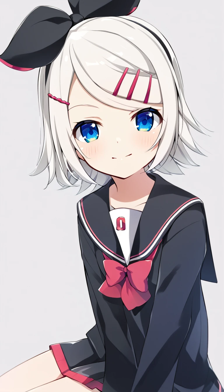 one girl, Kagamine Rin, Vocaloid, blue eyes, simple background, sailor collar, off shoulder, black sleeve, hair clip, white hair bow, , cute