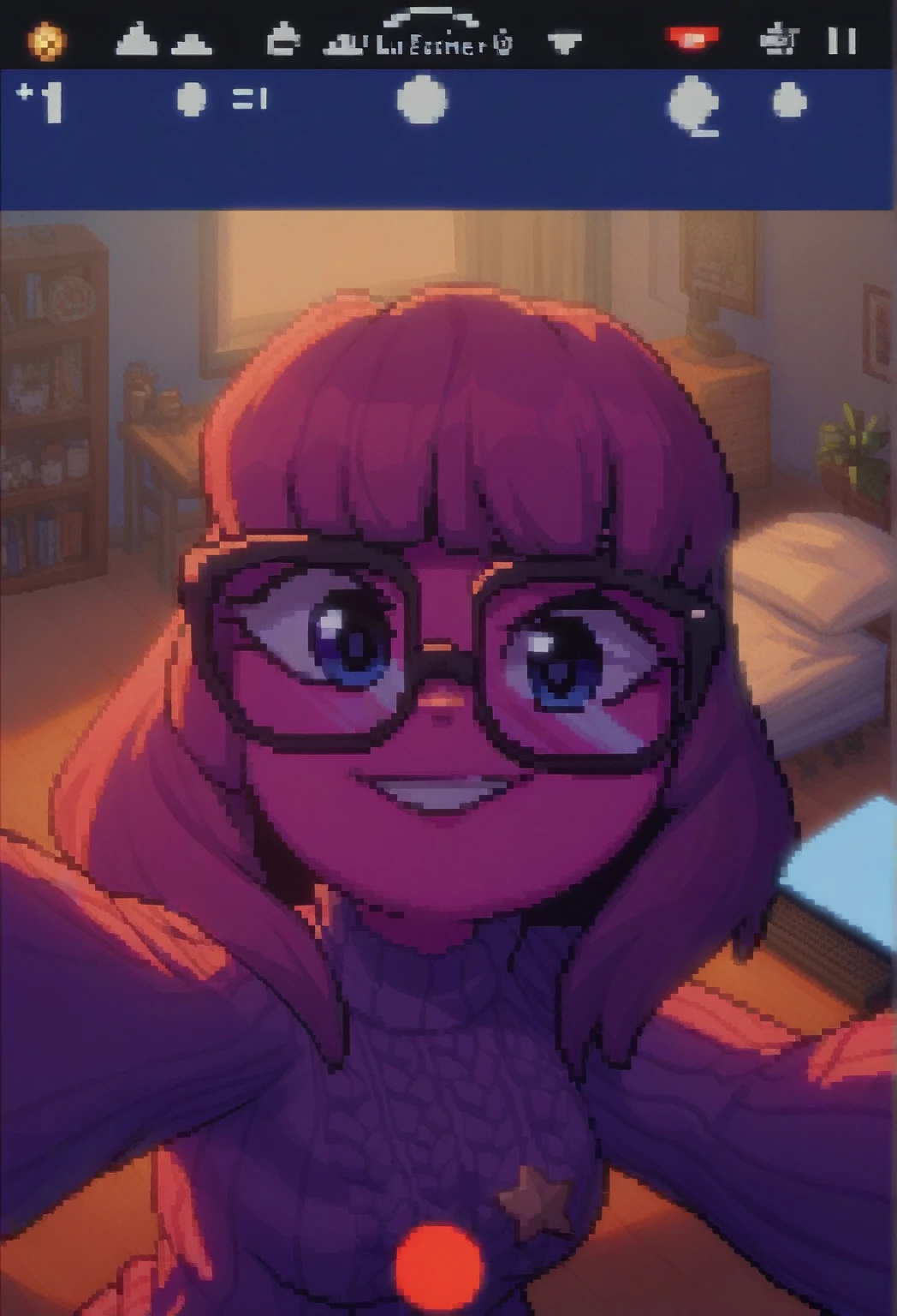 pixel art, Veronica Cipher ((upper body selfie, hapiness的)), Masterpiece, Superior quality, ultra detailed, alone, exterior, (evening), ROOM, gamer, (Star, officer) hapiness, hapiness的, sweater, have, wood, Get rich, shadow, Compared, clear sky, analogy style (View viewer:1.2) (texture) (film grain: 1.3), (cold colors, pastel colors): 1.2) close up, movie light, Side light, ultra high resolution, 背心shadow, RAW, wear a sweater, Kodak Vision 3, girl, Glasses, black eyes, (black hair, wide, messy fur) pink skin, black fur, black hair.