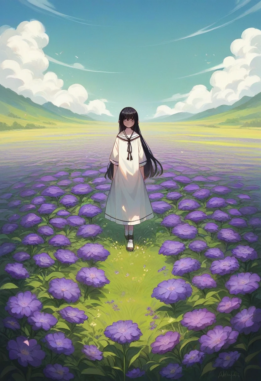 Kizi, アニメ, Kizi branca, Neutral, Bblack hair, Eyes red, fully body, field of flowers, purple flowers, sunny weather, shorth hair, 