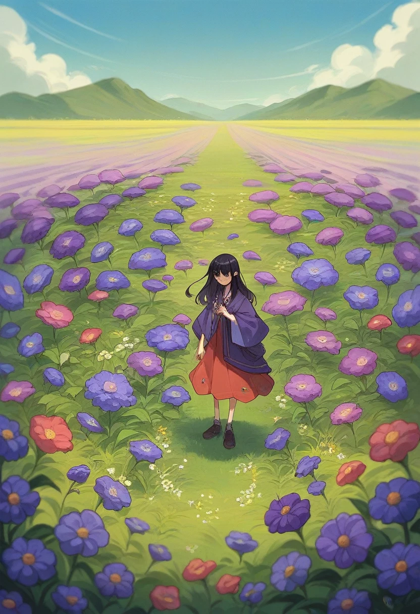Kizi, アニメ, Kizi branca, Neutral, Bblack hair, Eyes red, fully body, field of flowers, purple flowers, sunny weather, shorth hair, 