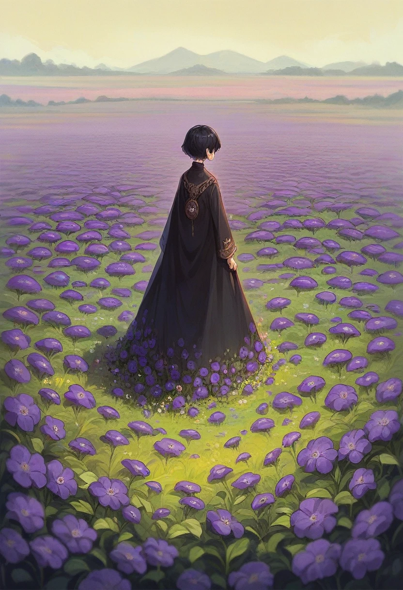 Kizi, アニメ, Kizi branca, Neutral, Bblack hair, Eyes red, fully body, field of flowers, purple flowers, sunny weather, shorth hair, 