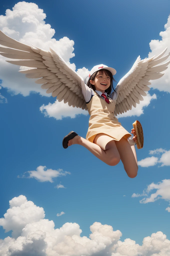 Bread with wings flying between clouds in 3d