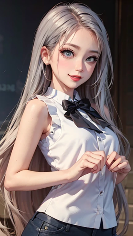 blush a little and smile, (Top quality masterpiece:1.2) Delicate illustrations, Very detailed, /Beautiful Japanese Women、1 person,Very cute and slim、Great style 、((8K images、super high quality))、Very delicate face, Skin and Hair、beautifule forehead、Red lipstick、(((((Long Hair、Silver Hair、lure))))),Very cute Japanese cut face、Eyes and nose are clearly visible、Kind eyes,((((Sleeveless fashion))))