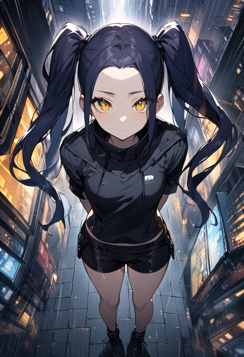 (One person,Very tall woman,Dark navy blue hair,Her hairstyle is twin tails that expose her forehead.,Medium chest,yellow eyes,Black Techwear,Shorts,Top view,The background is a rainy city)