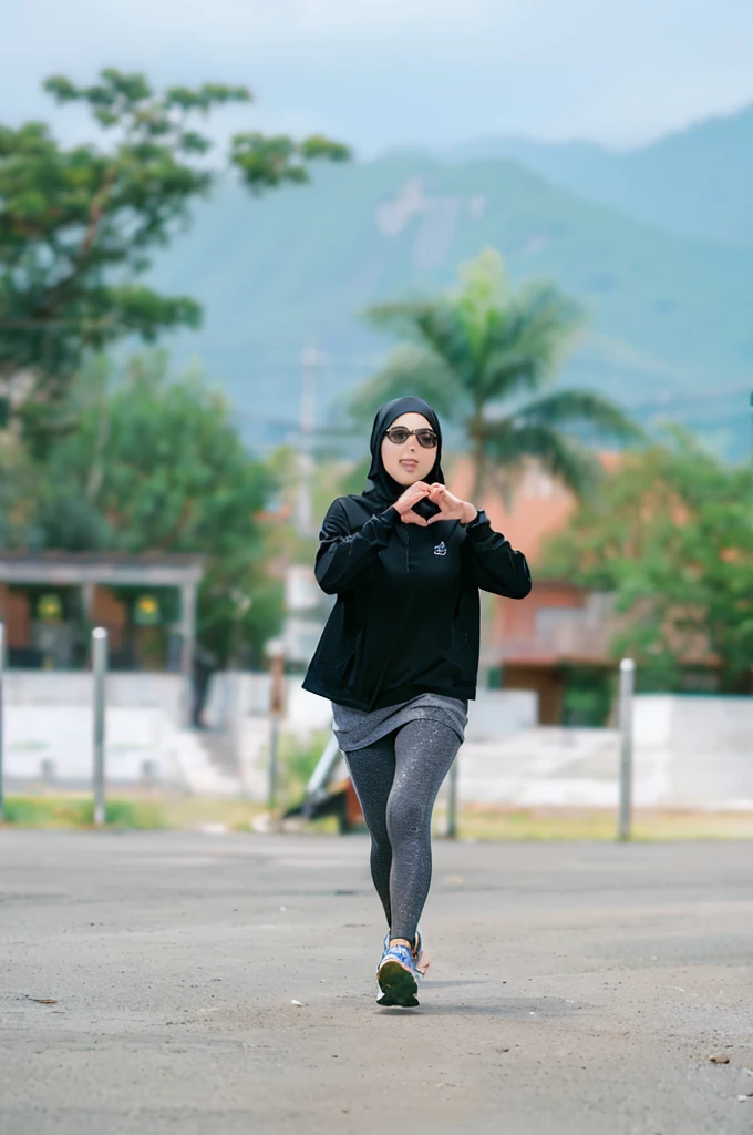 (Best quality,A high resolution,Ultra-detailed,Realistic:1.2),2023 skinny runner, woman wearing hijab, love hand pose(promotional poster)。