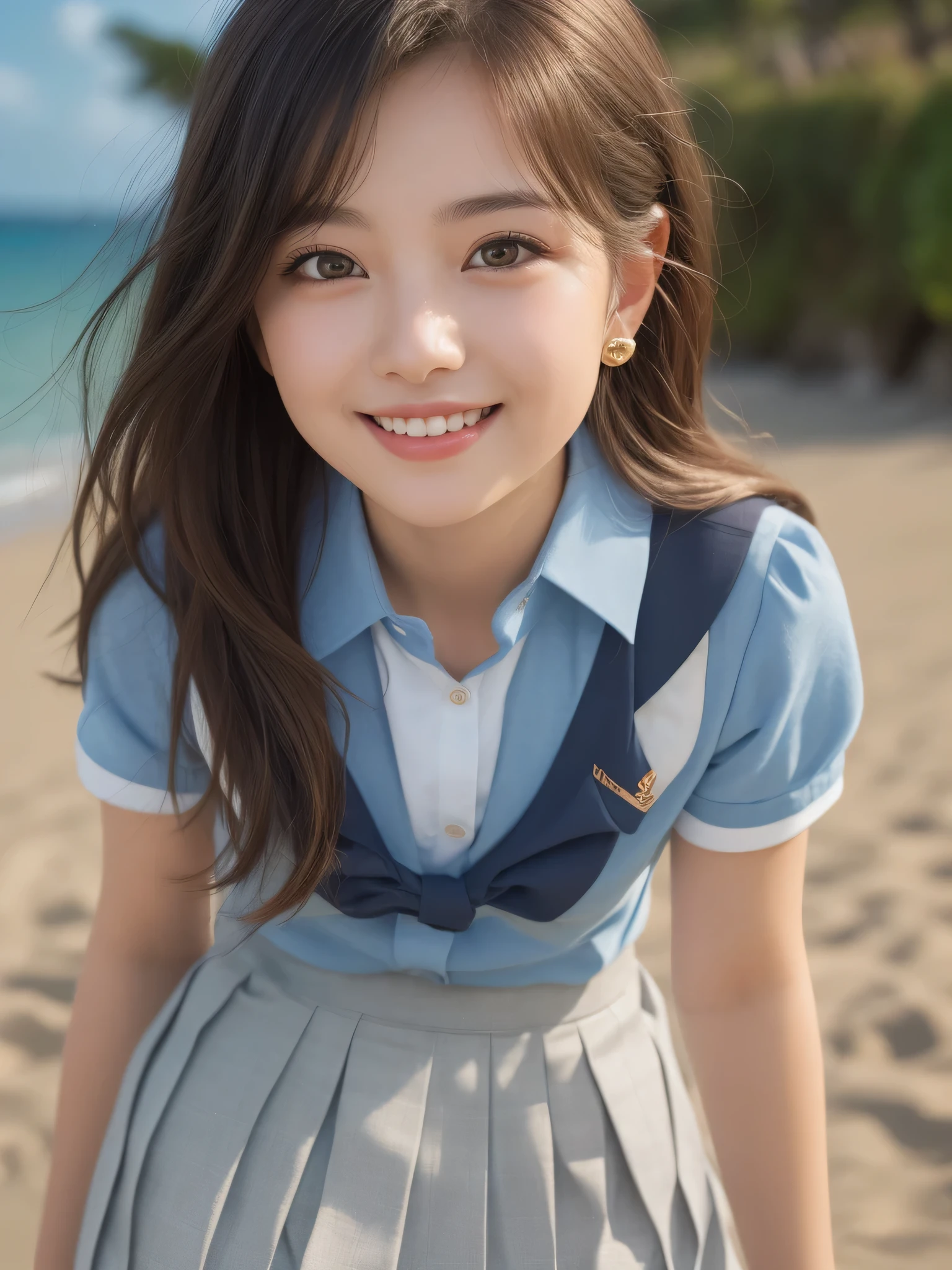 (1woman), kawaii, (round eyes:1.2), (highly detailed face and eyes), (big smile),  Amazing face and eyes, (school uniform, pleated mini skirt:1.3), (Best Quality:1.4), (Ultra-detailed), (extremely detailed CG unified 8k wallpaper), Highly detailed, High-definition raw color photos, Professional Photography, Realistic portrait, summer, (beach), (fine face:1.2),