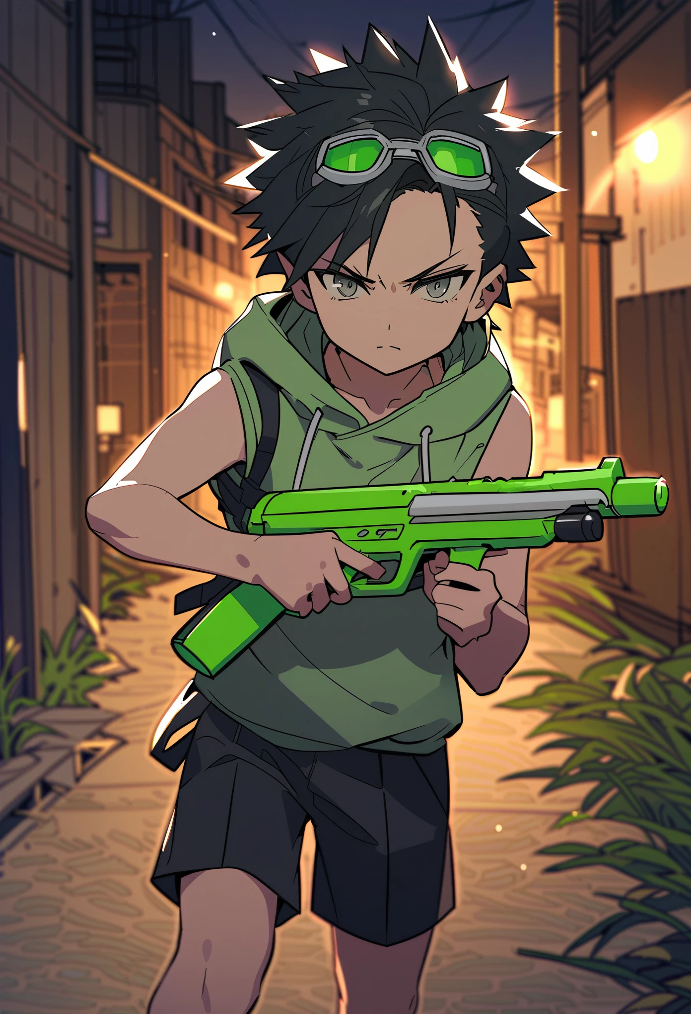 Solo male, , short spiky black hair, gray eyes, wearing goggles on forehead, ((green sleeveless hoodie)), black shorts, serious expression, holding a squirt gun, neighborhood background, nighttime