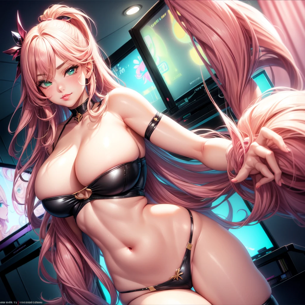 ((1 girls), solo, clevage, Big round breasts, trendy, stylish, clevage, thighs, hips, realistic, pink hair, blonde hair, light green eyes, lip gloss, detailed face, amazing big eyes, eye details, big lips, eyebrow details, blush, smirk, naughty, mischevious face, HD, good quality, thick thighs, attractive, tv room