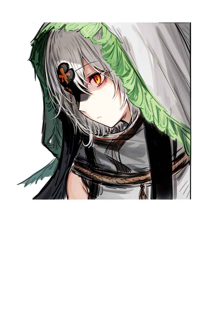 1girl, orange eyes, gray hair, monk, saint, nice clothes, (high resolution, high detail, best quality), 
black background, sad, hood