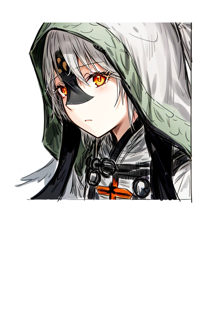 1girl, orange eyes, gray hair, monk, saint, nice clothes, (high resolution, high detail, best quality), 
black background, sad, hood