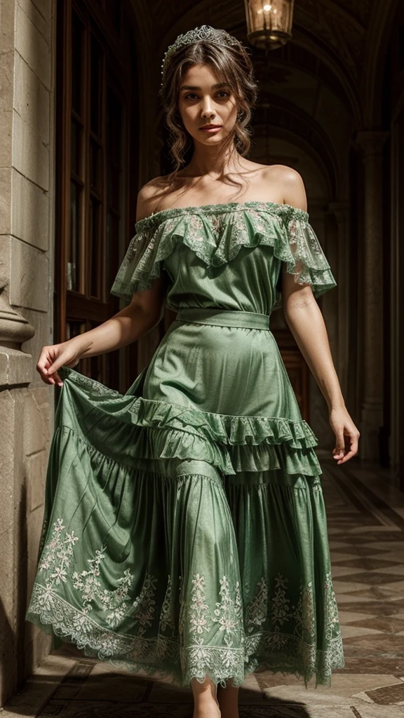 elegant long green princess dress, off the shoulder, flowy, layered skirt, sheer lace detailing, highly detailed, floral toile skirt.
