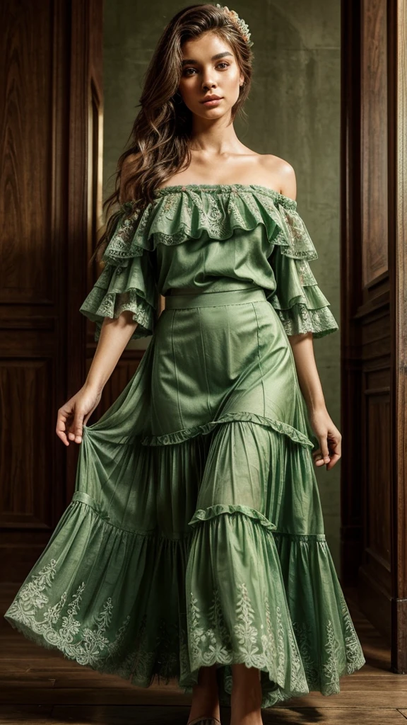 elegant long green princess dress, off the shoulder, flowy, layered skirt, sheer lace detailing, highly detailed, floral toile skirt.