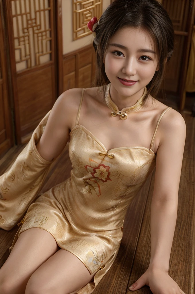 masterpiece、8K、32K、top-quality、(A cute Japanese woman)、detail portrayal、1 girl in、elegent、A sexy、(Cheongsam:1.3)、(Chinese temple)、cowboy shot、ssmile、Angle from above