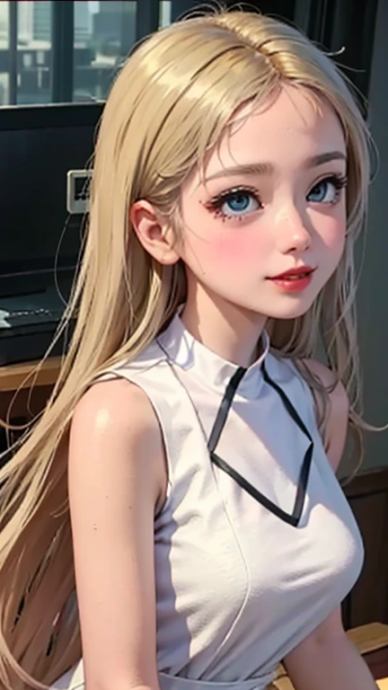 blush a little and smile, (Top quality masterpiece:1.2) Delicate illustrations, Very detailed, /Beautiful Japanese Women、1 person,Very cute and slim、Great style 、((8K images、super high quality))、Very delicate face, Skin and Hair、beautifule forehead、Red lipstick、(((((Long Hair、Blonde、lure))))),Very cute Japanese cut face、Eyes and nose are clearly visible、Kind eyes,((((Sleeveless fashion))))