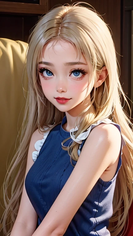 blush a little and smile, (Top quality masterpiece:1.2) Delicate illustrations, Very detailed, /Beautiful Japanese Women、1 person,Very cute and slim、Great style 、((8K images、super high quality))、Very delicate face, Skin and Hair、beautifule forehead、Red lipstick、(((((Long Hair、Blonde、lure))))),Very cute Japanese cut face、Eyes and nose are clearly visible、Kind eyes,((((Sleeveless fashion))))