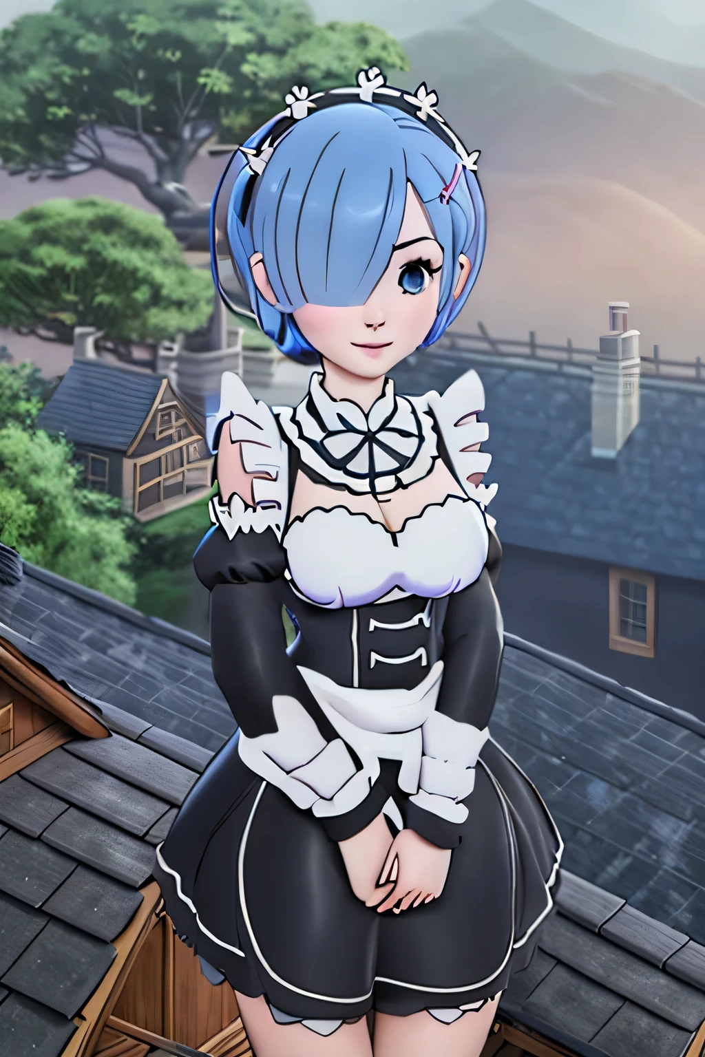 close up 1girl in, Rem, league of legends, teenager, Solo, short hair over one eye, short blue hair, pale skin, full medium breasts, cleavage, runners body, (thin hips, thin waist: 1.25), (arched back:1.12), detailed skin, neutral face, mischievous smile, revealing clothes, (wearing off the shoulder nsfw maid apron: 1.1), (detailed tree house village background:1.4), dark rooftop, overlooking apocalyptic city, 4k textures, soft light, elegant, highly detailed, sharp focus, soothing tones, insane details, intricate details, hyperdetailed, low contrast, exposure blend, hdr, faded