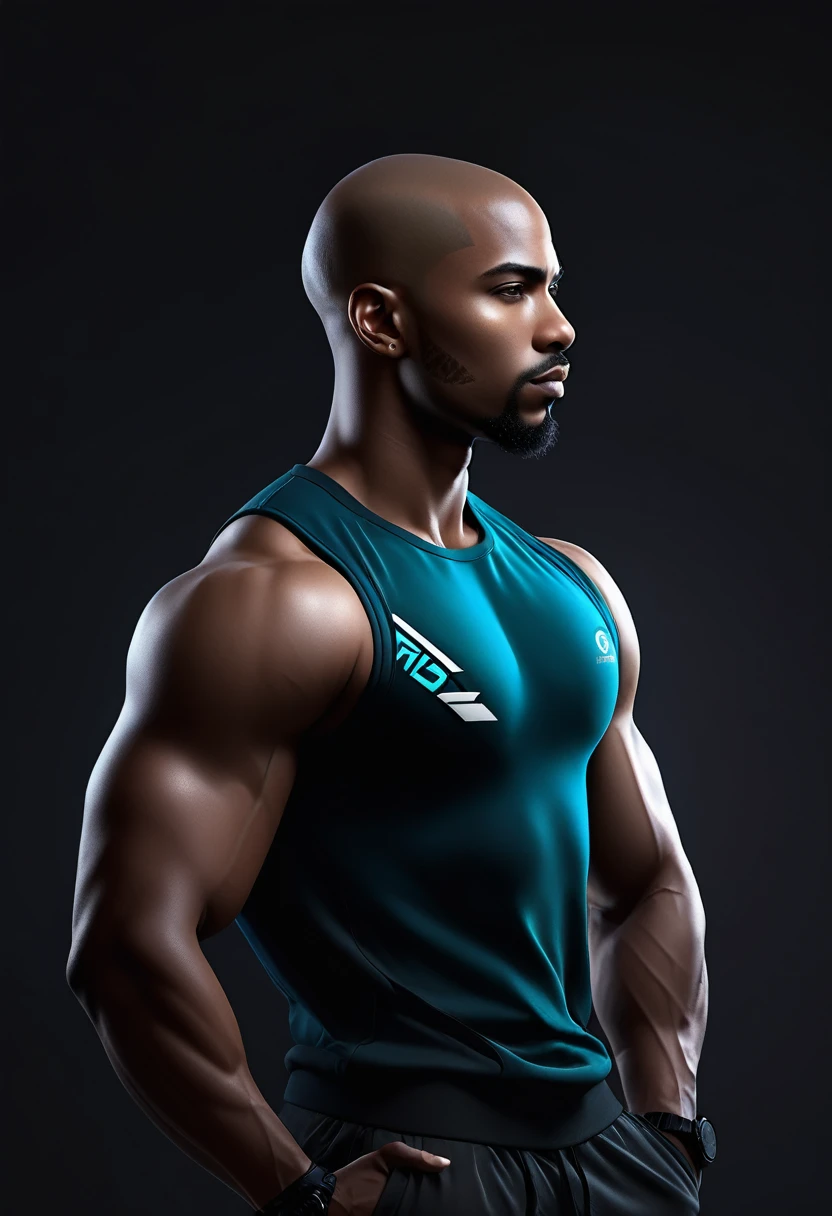 Create a logo for the personal trainer brand "Will Treinador" that is creative, innovative, modern, and elegant, conveying confidence and a disruptive approach. The design should be extremely professional, with high-definition details and a hyper-realistic touch. Incorporate the imagery of a weight plate, a simplified digital wristwatch, and the silhouette of a defined, dark-skinned male trainer with very short hair, almost bald, viewed from the back and striking a pose, integrated in a sophisticated manner. The color palette should include dark blue, cyan, white, gray, black, and purple, inspired by cyberpunk aesthetics. Ensure the name "Will Treinador" is prominently featured and easily readable in the logo, with the initials "W.T." also included. The background should be stylized to complement the cyberpunk theme, creating depth and visual interest without overwhelming the design.