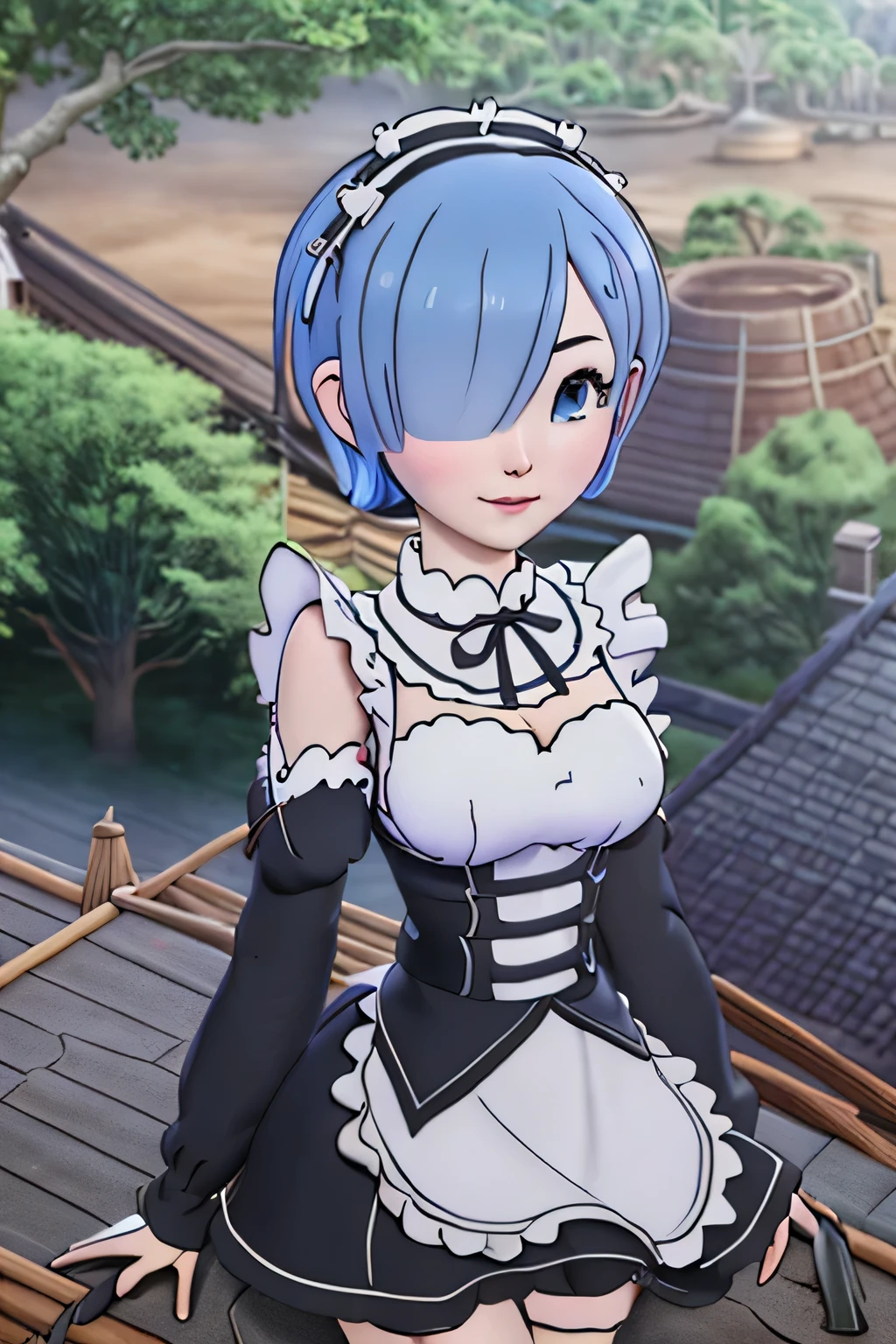 close up 1girl in, Rem, league of legends, teenager, Solo, short hair over one eye, short blue hair, pale skin, full medium breasts, cleavage, runners body, (thin hips, thin waist: 1.25), (arched back:1.12), detailed skin, neutral face, mischievous smile, revealing clothes, (wearing off the shoulder nsfw maid apron: 1.1), (detailed tree house village background:1.4), dark rooftop, overlooking apocalyptic city, 4k textures, soft light, elegant, highly detailed, sharp focus, soothing tones, insane details, intricate details, hyperdetailed, low contrast, exposure blend, hdr, faded