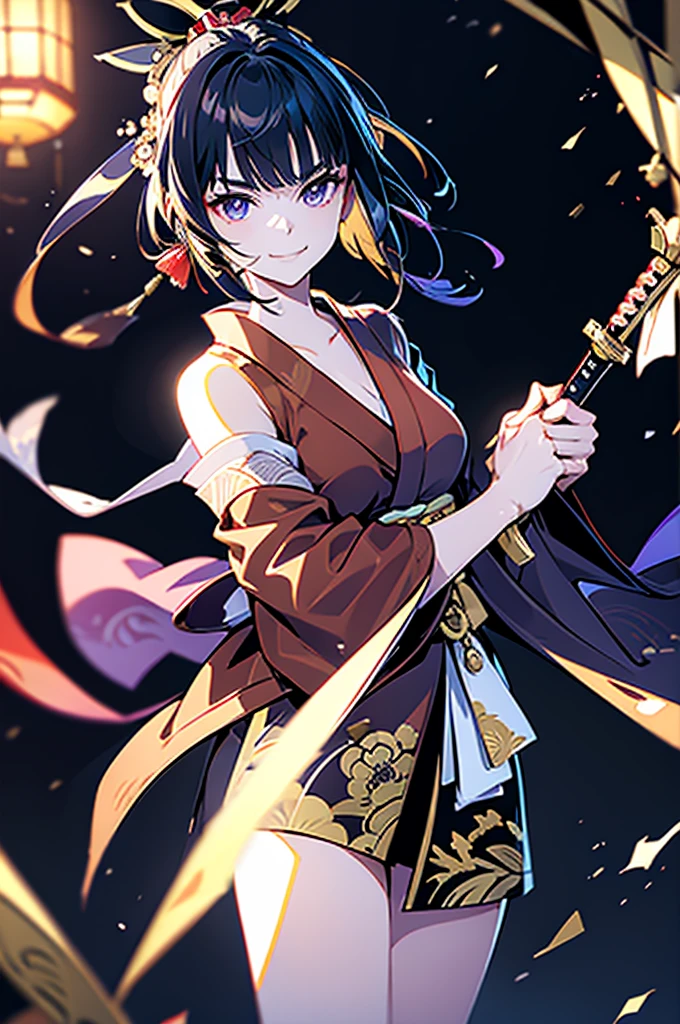 roll up bandage on a chest tightly to cover the chest without gaps under kimomo, Japanese Gangster BOSS, adult woman with the dignified presence, Killing Qi, wear the kimono, ((kimono come off)) ,wear the kimono multiple times, Bare shoulders and the clavicle, black and gold kimono, put on over jacket of kimono, holding a japanese sword which shine in purple, long sword, eye fire, low angle, whole body, bandage is seen, anime character, inappropriate smile, off sholder, nappropriate smile, Excellent, black blue hair, can see both sholder