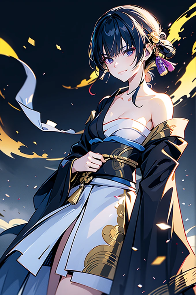 roll up bandage on a chest tightly to cover the chest without gaps under kimomo, Japanese Gangster BOSS, adult woman with the dignified presence, Killing Qi, wear the kimono, ((kimono come off)) ,wear the kimono multiple times, Bare shoulders and the clavicle, black and gold kimono, put on over jacket of kimono, holding a japanese sword which shine in purple, long sword, eye fire, low angle, whole body, bandage is seen, anime character, inappropriate smile, off sholder, nappropriate smile, Excellent, black blue hair, can see both sholder