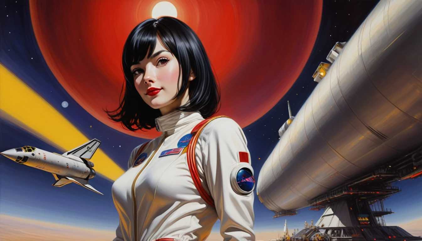 High-quality realistic acrylic painting, VIVID COLORS, back point a view, a beautiful european woman with shoulder-length black straight hair, bangs, looking at the viewer with suspicious face and a shy smile, red lips, she wears white space suit, hands in the waist, dramatic yellow red lights, background night in 60´s rocket launch platform