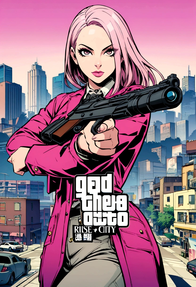 gta cover art, with a white woman long pink hair with a gun with the name rise city
