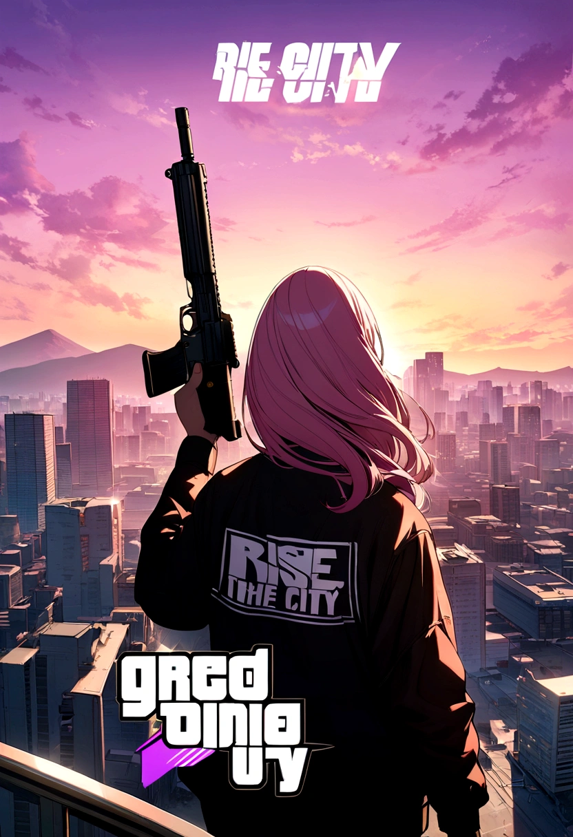 gta cover art, with a white woman long pink hair with a gun with the name rise city