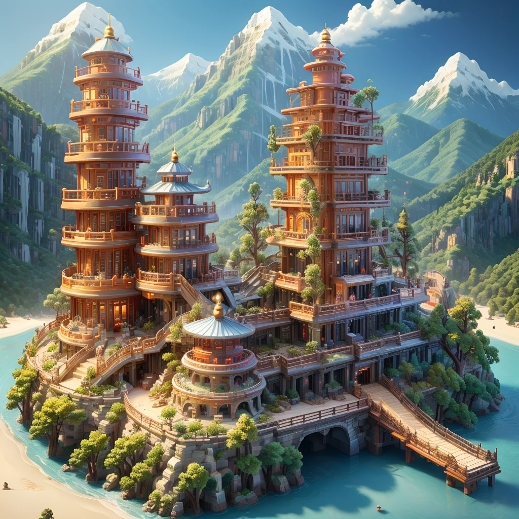 A huge mountain range in China towers into the sky(The mountain peaks are towering,The mountain is rocky,cliff,Dense vegetation,fall,A thousand-year-old tree)Very beautiful Chinese architecture(magnificent palace,majestic pagoda,Taoist temple,Buddhist temples,pavilion,Military fortress)The exterior is inlaid with the style of German mechanical weapons in World War II,German Position,cannon,防空cannon,巨cannon,Gatling gun,加农cannon,lucky beast.,Chinese dragon,best details,The most perfect quality,spectacular mountains,Dongquan Dalang