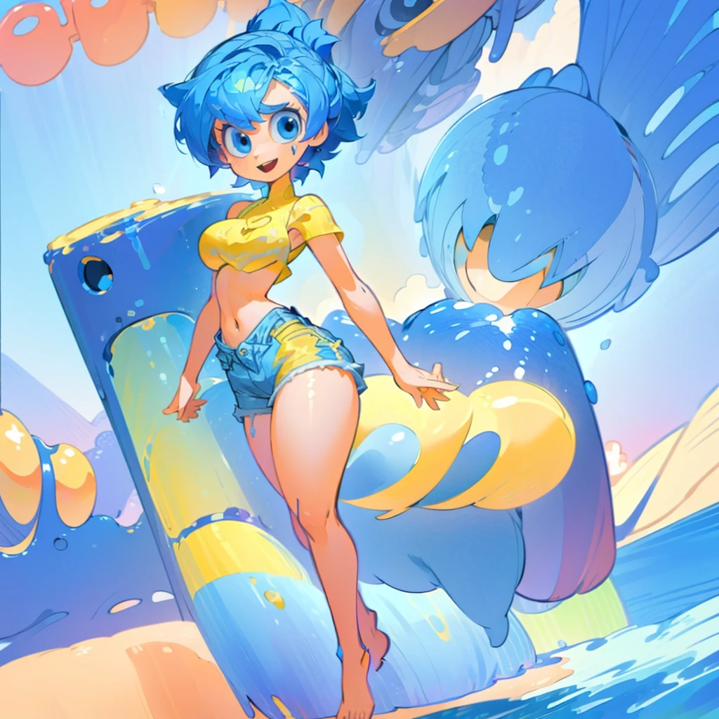 (masterpiece), ((perfect anatomy)), (high Res), (4k), joy, blue eyes, blue hair, yellow skin, huge breast, wide hips, (((blue top))), (((shorts))), (beach), happy, (((cartoony artstyle))), (((solo))), narrow waist