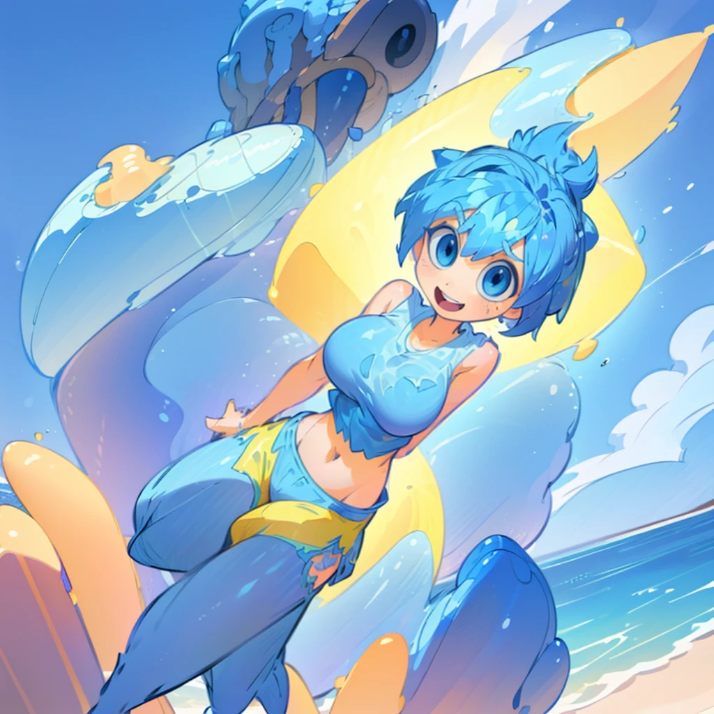 Cirno,  girl water playing, little childrenile, exphosed chest and groin , no panties,Sunburn mark ,wet,dynamic water splash ,outdoor,blue sky, セクシーなポーズ