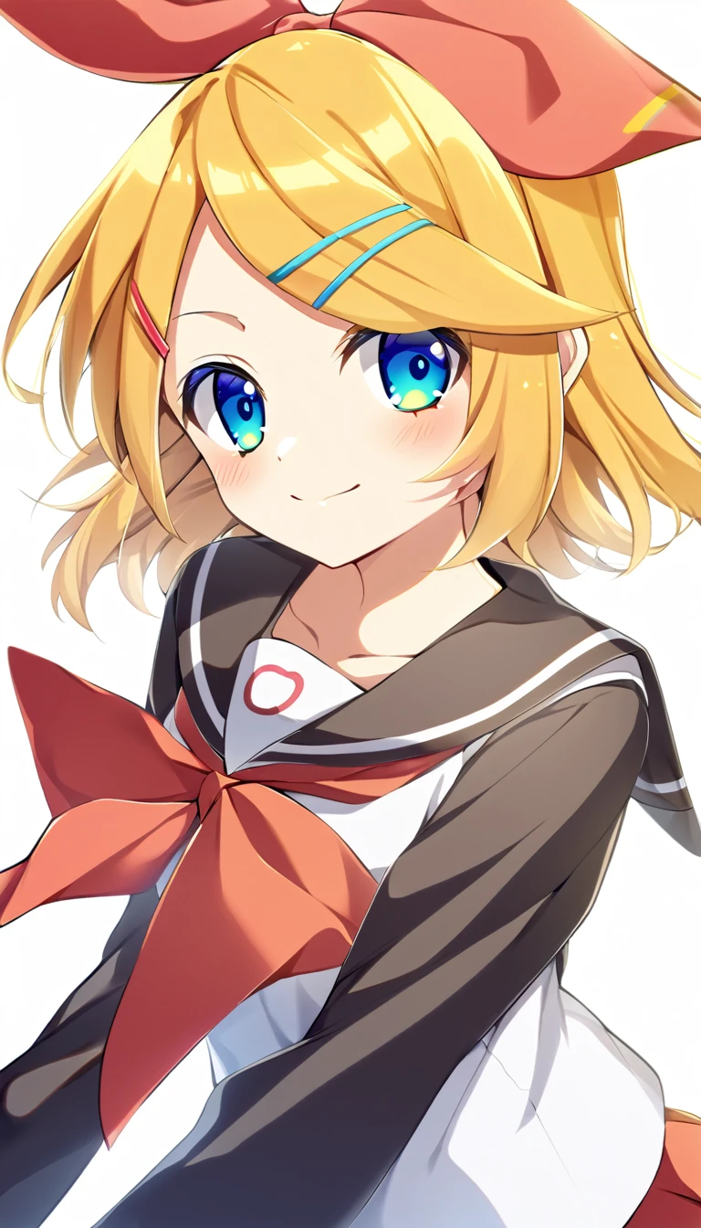 one girl, Kagamine Rin, Vocaloid, blue eyes, simple background, sailor collar, off shoulder, black sleeve, hair clip, hair bow, fourteen years old, cute, cheerful girl, neckerchief