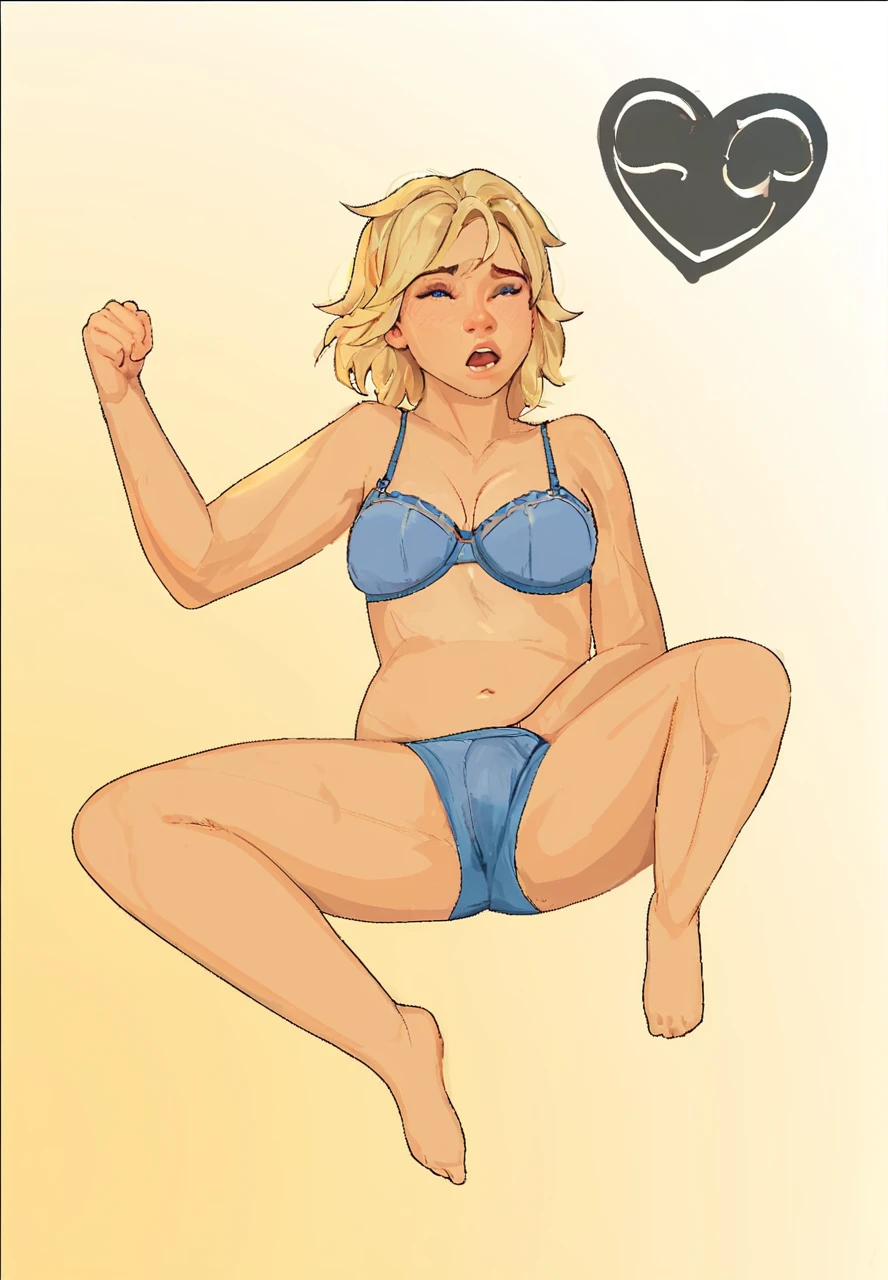 score_9,score_8_up,score_7_up,score_6_up ,source_overwatch score_9, score_8_up, score_7_up, 1woman, solo, mercy \(overwatch\), high quality,open hair long hair, blue bra, blue panty, hand in pants, ecstasy face, open mouth