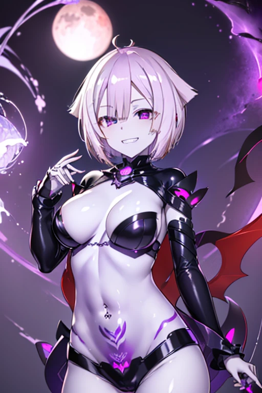 Red Necromancer, Blood Moon, Ray Tracing, masterpiece, Highest quality, super high quality, Absurd detailed, best Light, Best Shadow, sharp, sharp image, detailed, extremely detailed, Amazing resolution, 8K, 4K, Ultra-high resolution, Particle Effects, Beautiful Effects, Vibrant colors, neon Light, neon, Light,(corruption:1.2),(Hollow Eyes:1.2),(Groin tattoo:1.3),(Lower abdomen tattoo:1.3),(Wicked Smile:1.3),((((((white skin)))))), ((((((purple hair)))))),short hair