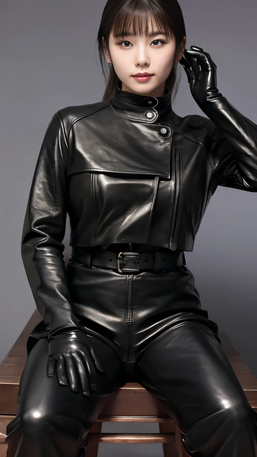 black leather rider jacket, , Black leather gloved fingertips on both hands,Wearing black leather gloves,Sitting in a black leather chair、 Japanese female new recruits (Black leather gloves cover both hands) (The angle is horizontal)、Black Leather Pants,Black Leather Black Leather Pants,Black Leather Skinny Pants、Long black leather boots on both feet、((He wears black leather gloves on his hands))Full Body Photo,full body shot full body full body leather suit,☺If you turn in this direction。Wearing black leather gloves,Wearing black leather gloves,Wearing black leather gloves,Wearing black leather gloves,Wearing black leather gloves,Wearing black leather gloves,黒のレザーパンツが美しい😍黒のレザーパンツが美しい😍黒のレザーパンツが美しい,😍Smiling while looking at me,City lights、Life-size (Neon Light)、Detailed lighting Best image quality、Ultra-high resolution、(realism:1.4)、Japanese Beauty Star、The most beautiful JPOP stars、face、Horny Korean Makeup、A body that makes you want to touch it、Realistic leather texture、Costume made of smooth leather fabric、The drape of the curved parts of the leather fabric、The costume is very shiny、Quality of the costume、8K Photo Quality