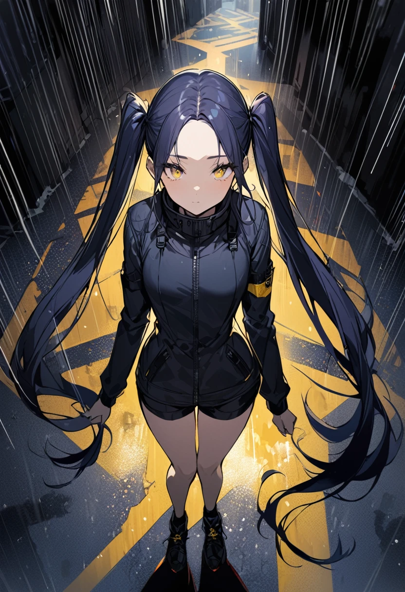 (One person,Very tall woman,Dark navy blue hair,Her hairstyle is twin tails that expose her forehead.,Medium chest,yellow eyes,Black Techwear,Shorts,Top view,The background is a rainy road)